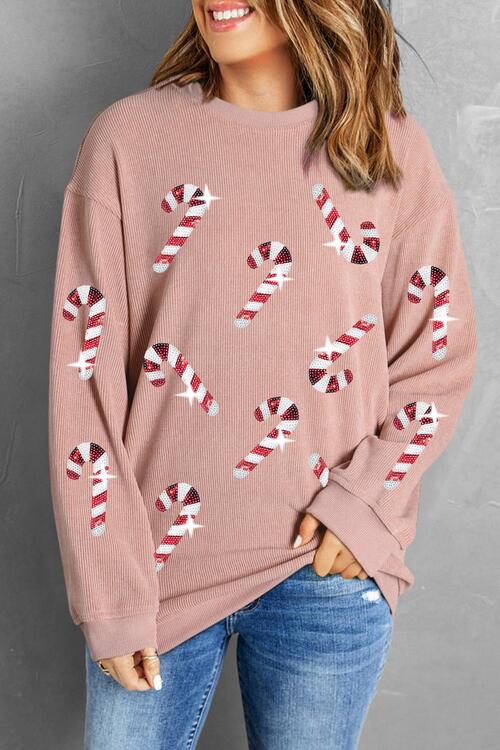 Christmas Themed Sequin Candy Cane Round Neck Sweatshirt