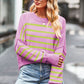 Striped Round Neck Drop Shoulder Slit Sweater