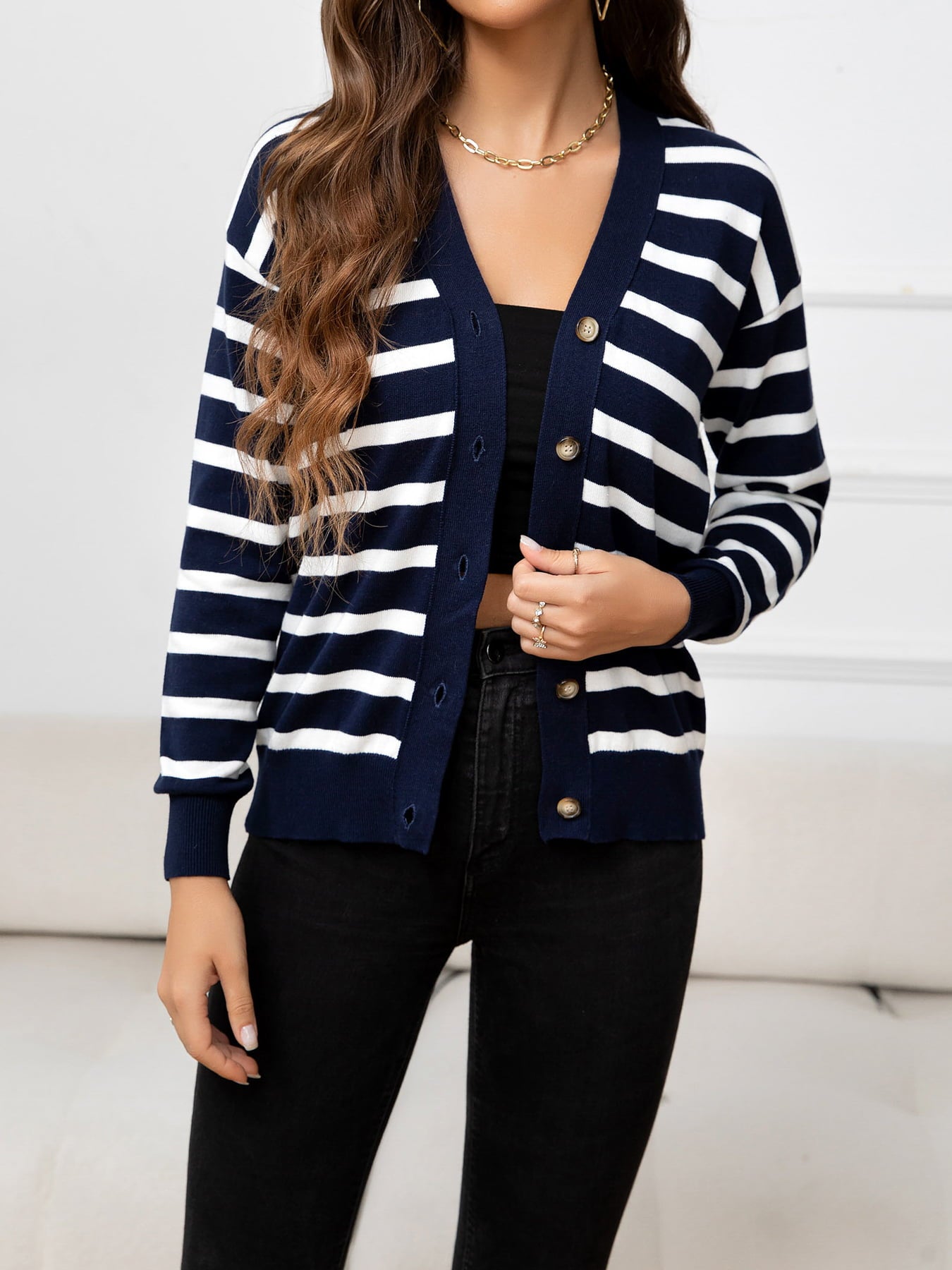 Beauteous Striped Dropped Shoulder V-Neck Knit Top