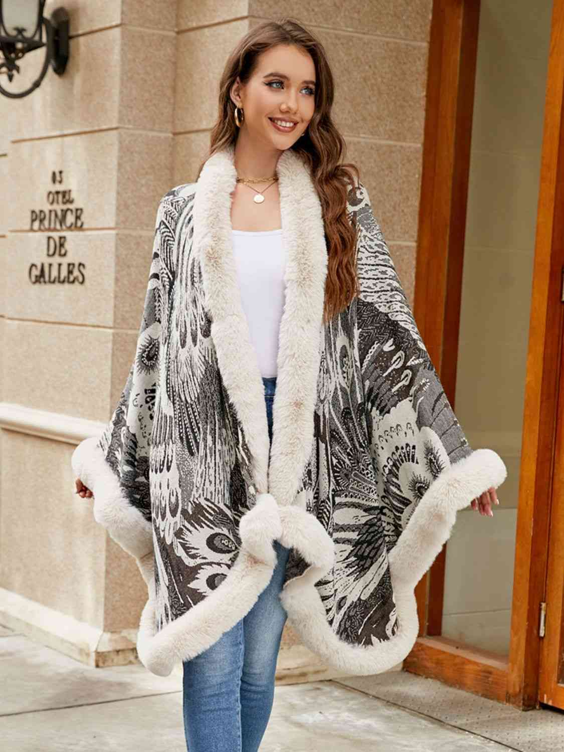 Beauty Devine Fur Trim One Size Printed Open Front Poncho