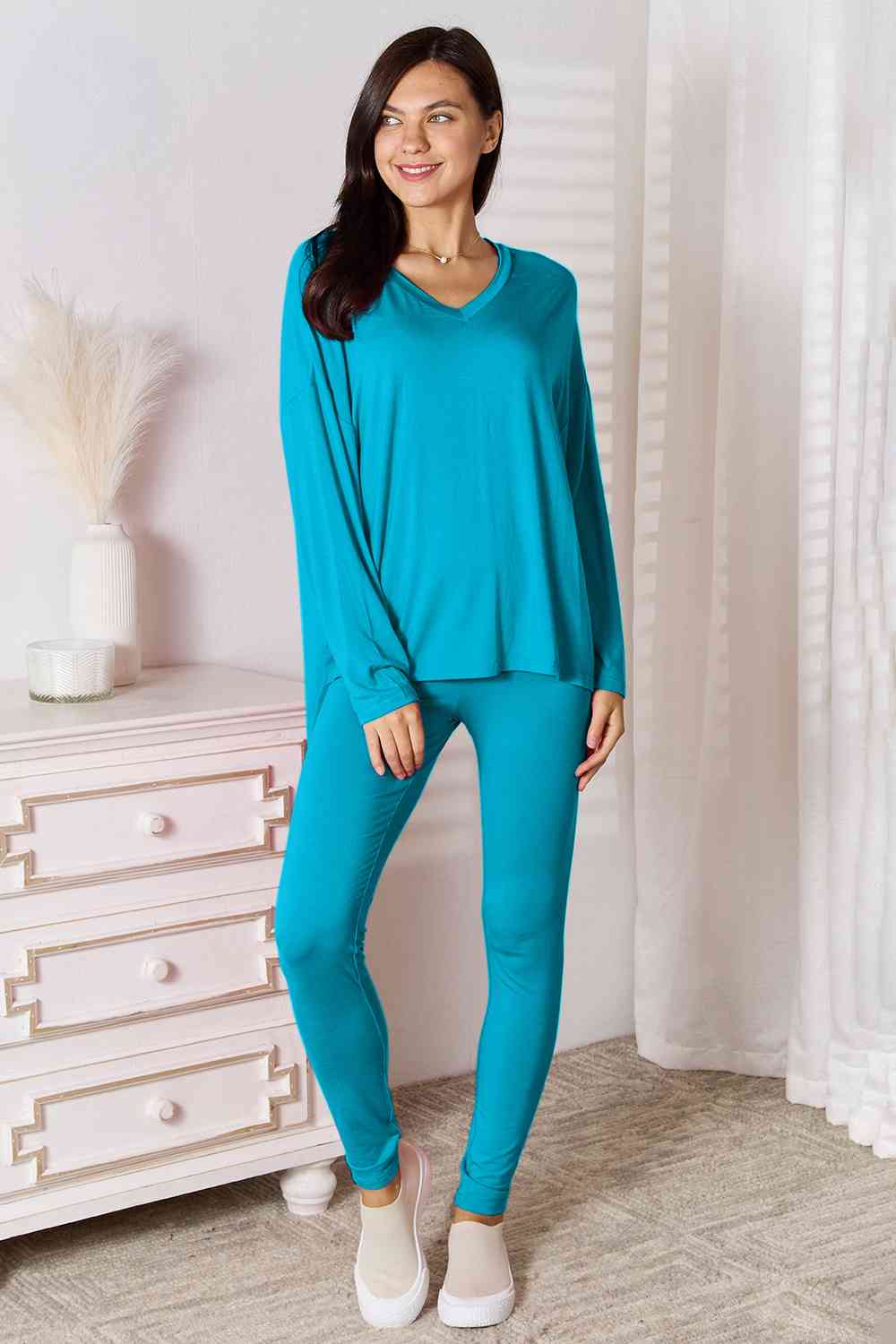 Basic Bae Full Size V-Neck Soft Rayon Long Sleeve Top and Pants Lounge Set *