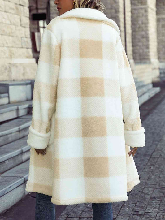 Adrien Planet Beige Full Size Plaid Button Down Coat with Pockets
