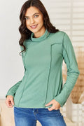 POL Emerald Green Exposed Seam Long Sleeve Knit Top *