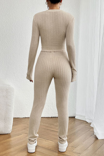 Adryane Jay Ribbed V-Neck Long Sleeve Cropped Top and Pants Set