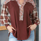Plaid Notched Neck Slit Blouse