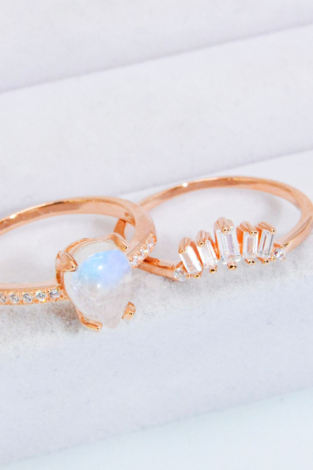 Women's Natural Moonstone and Zircon 18K Rose Gold-Plated Two-Piece Ring Set