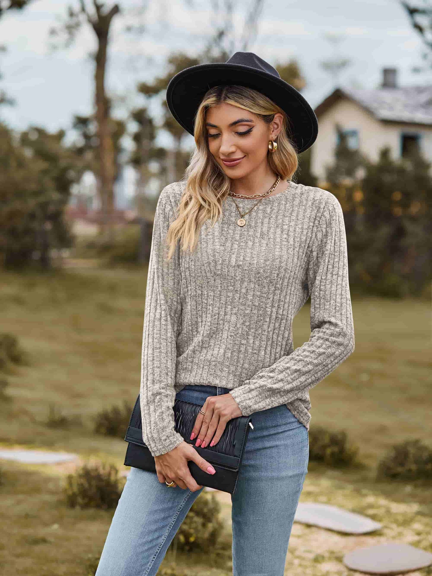 Full Size Ribbed Round Neck Long Sleeve Tee