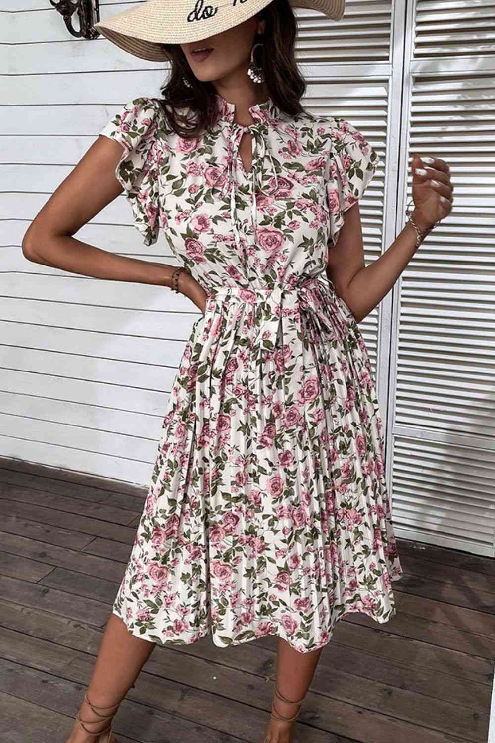 Full Size Floral Tie-Neck Flutter Sleeve White Midi Dress