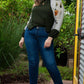 Plus Size Army Green Floral Waffle-Knit Round Neck Blouse