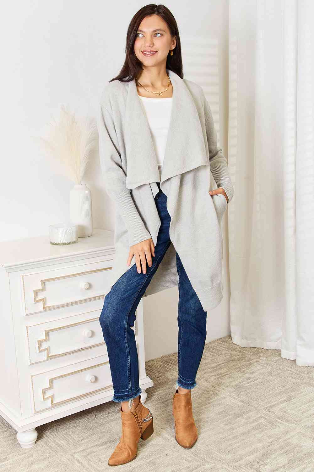 Double Take Open Front Duster Cardigan with Pockets *