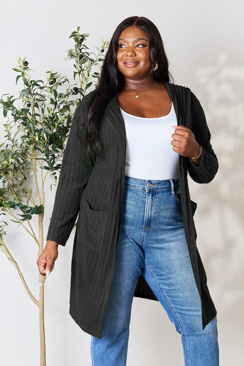 Basic Bae Full Size Ribbed Open Front Long Sleeve Cardigan *