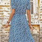 Blue Full Size Floral Round Neck Split Midi Dress