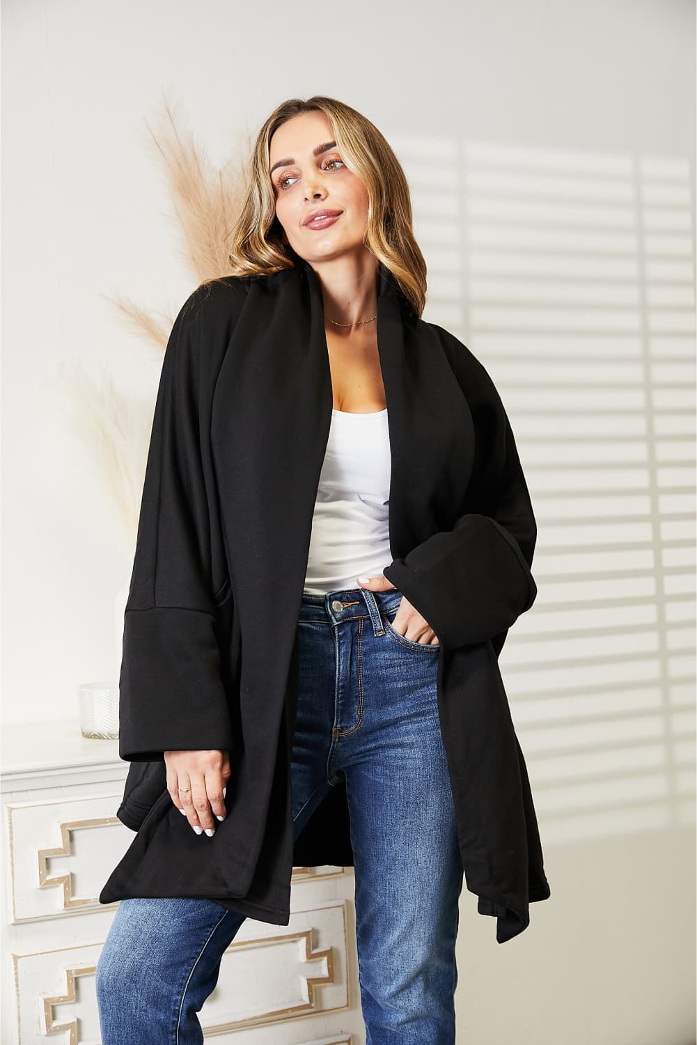 HEYSON Full Size Open Front Black Cardigan with Scarf Design