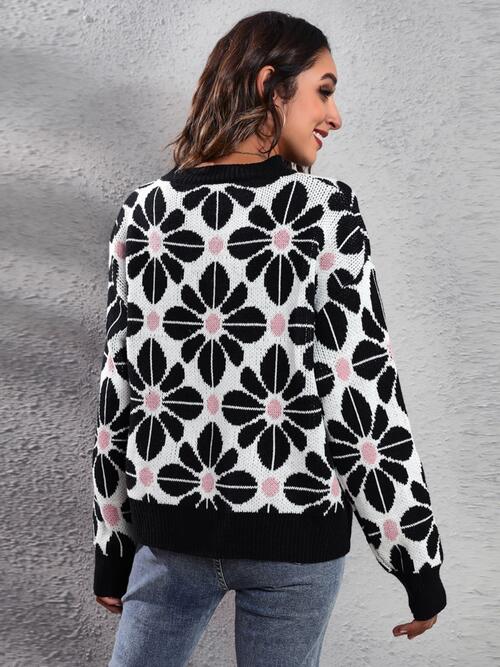 CozyWonders Floral Round Neck Black Long Sleeve Sweater
