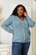 HEYSON Full Size Floral Embroidered Cable Teal Cardigan *