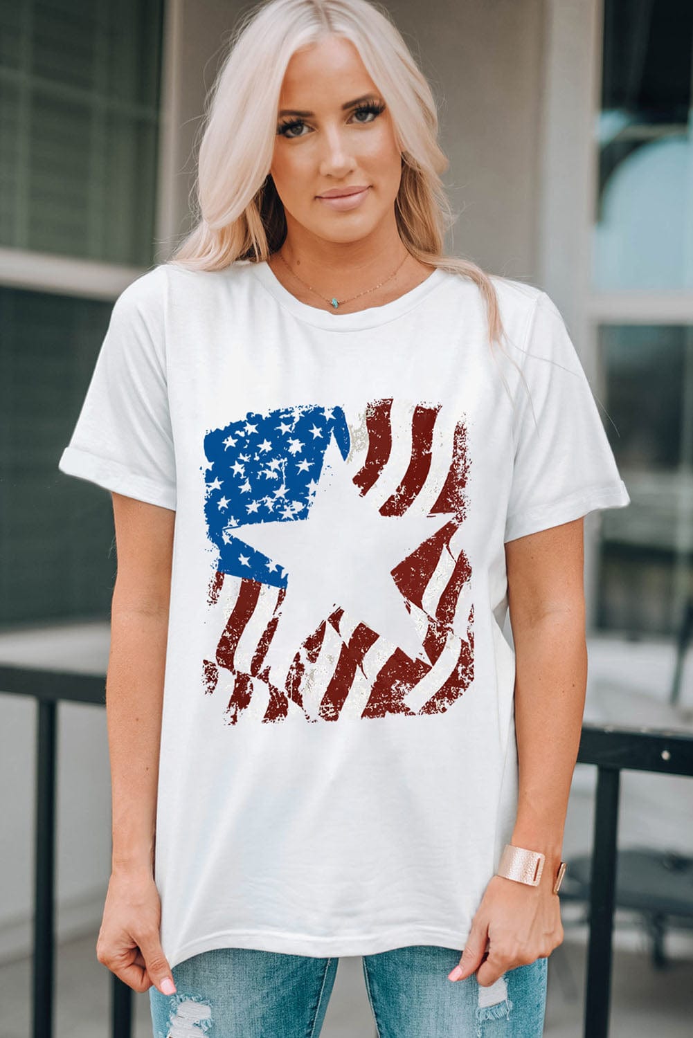 Full Size US Flag Graphic Round Neck Tee