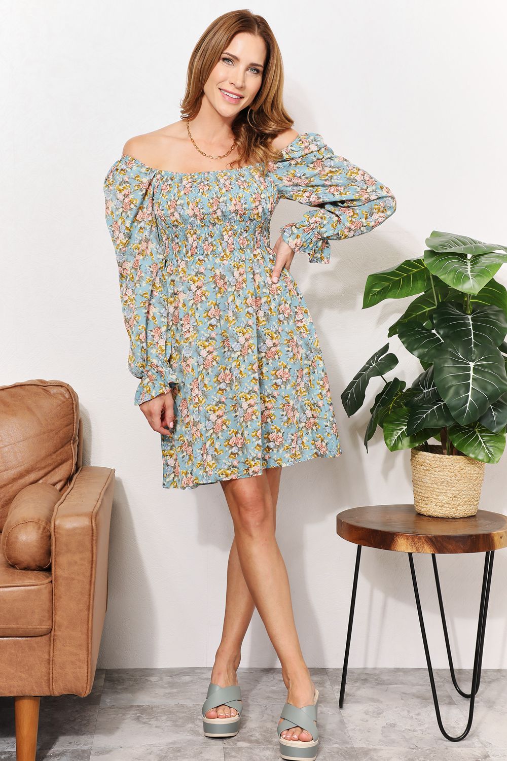 Double Take Floral Smocked Flounce Sleeve Square Neck Dress *