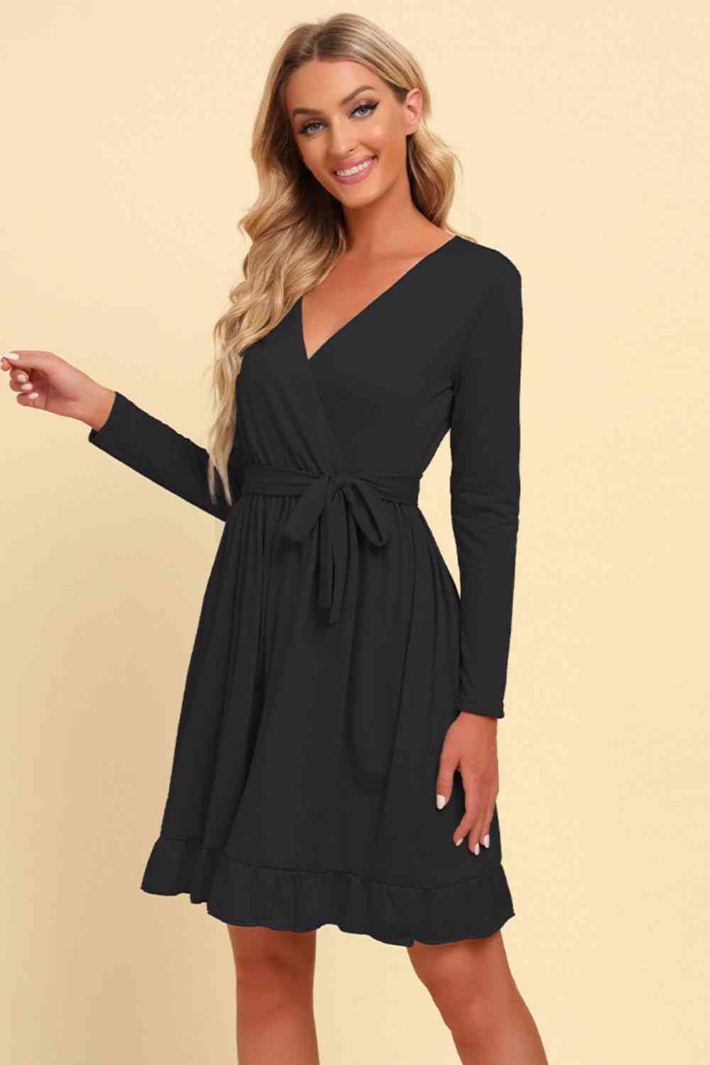 FULL SIZE Long Sleeve Tie Waist Ruffle Hem Dress