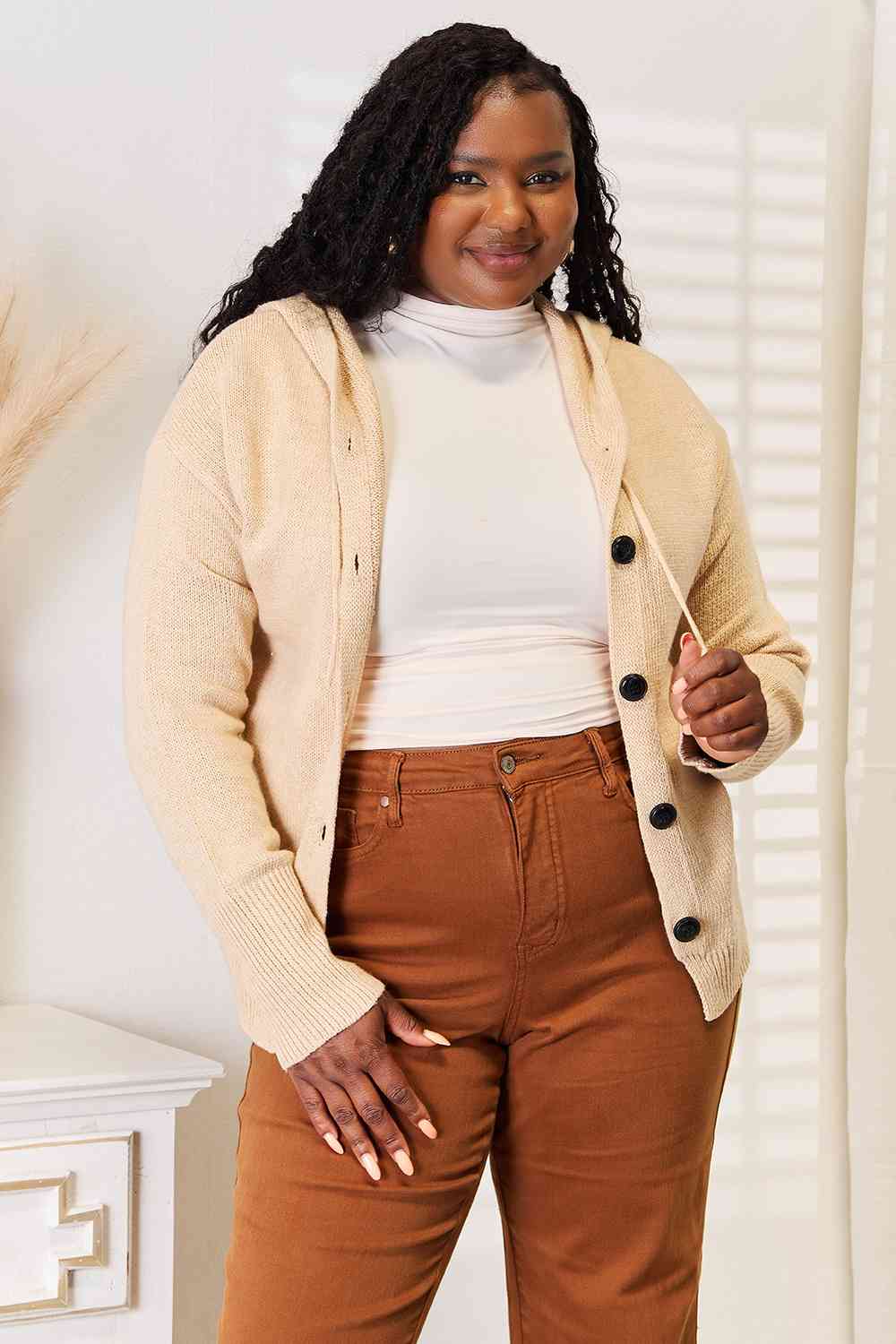 Woven Right Button-Down Long Sleeve Hooded Sweater *