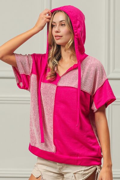 BiBi Color Block Exposed Seam Short Sleeve Hooded Top - Brand BiBi