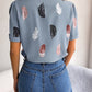 Feather Print Lapel Collar Puff Sleeve Shirt