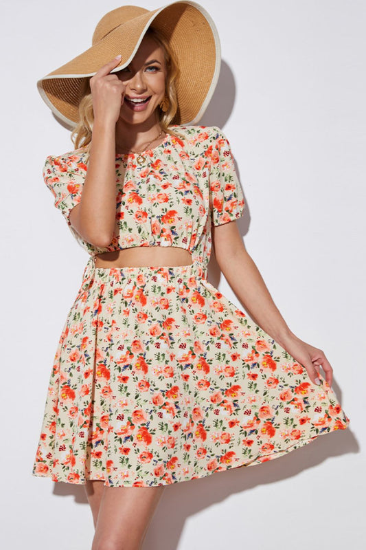 Women's Floral Cutout Short Puff Sleeve Dress