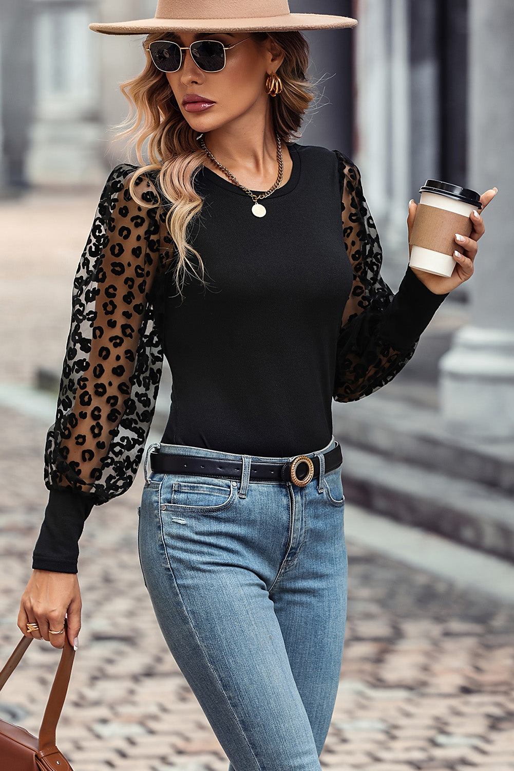 Full Size Round Neck Lantern Sleeve Blouse