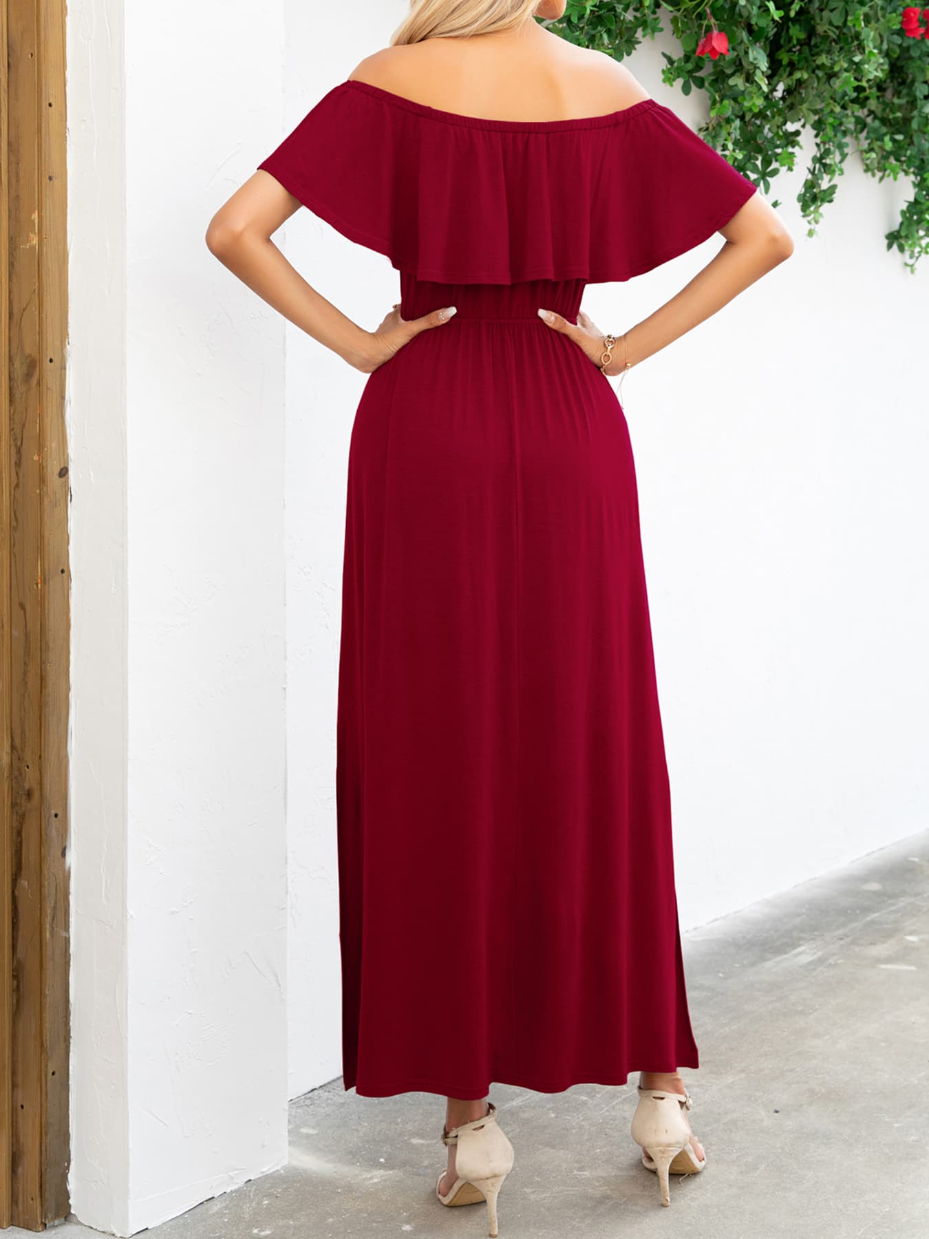 OCEANSIDE Full Size Off-Shoulder Slit Maxi Dress