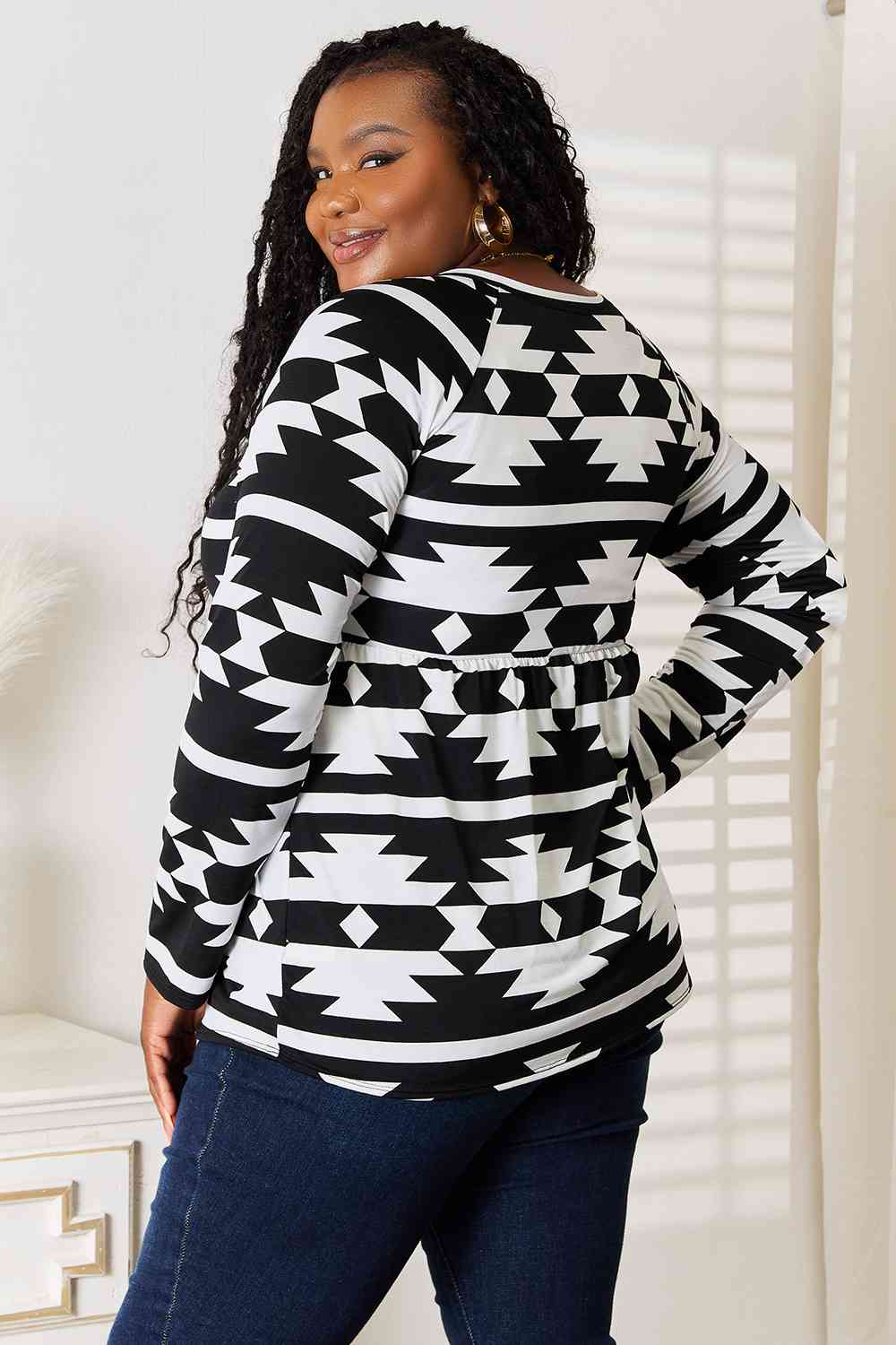 Heimish Full Size Geometric Notched Neck Long Sleeve Top *
