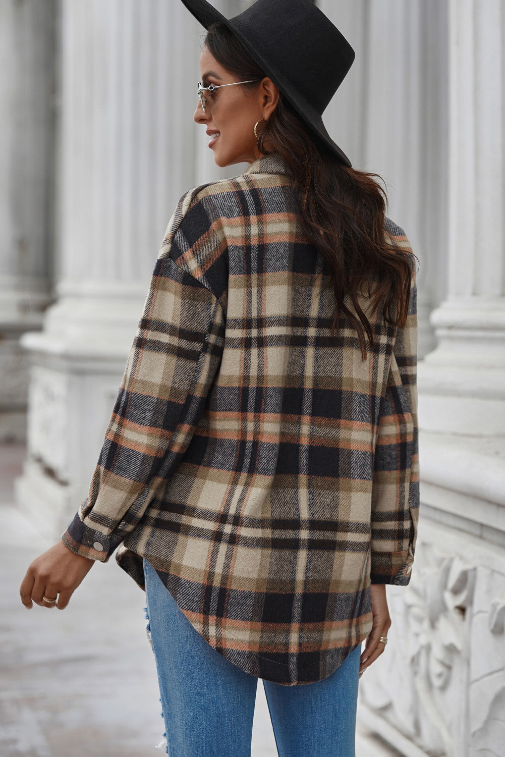 Aaarti&Destiny Full Size Plaid Curved Hem Dropped Shoulder Longline Shirt Jacket