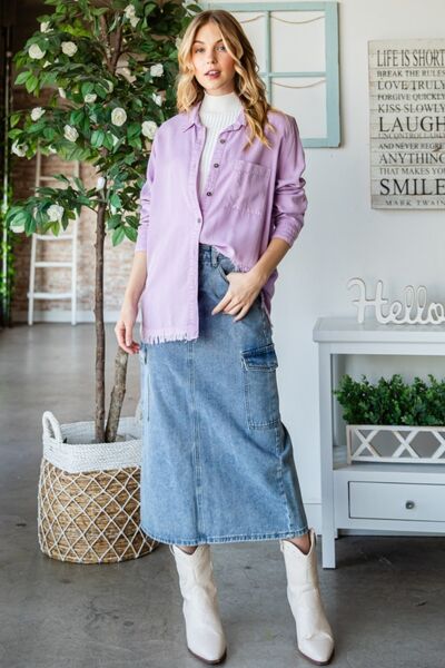 Veveret Raw Hem Button Up Long Sleeve Shirt *