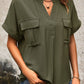 Pocketed Notched Short Sleeve Blouse