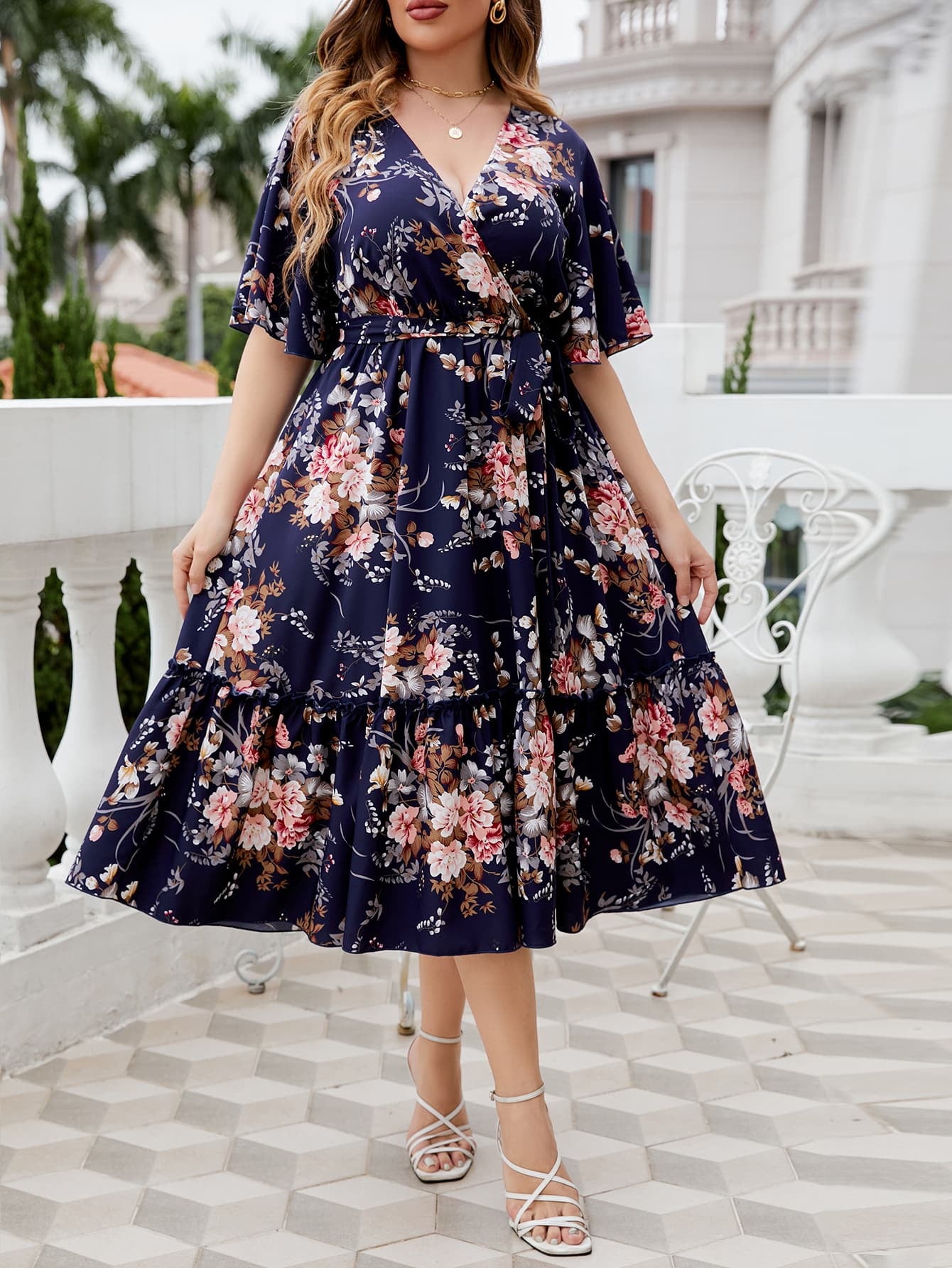 RANEE Plus Size Floral Surplice Neck Midi Dress