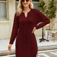CozyWonders Full Size Notched Neck Cable-Knit Slit Sweater Dress