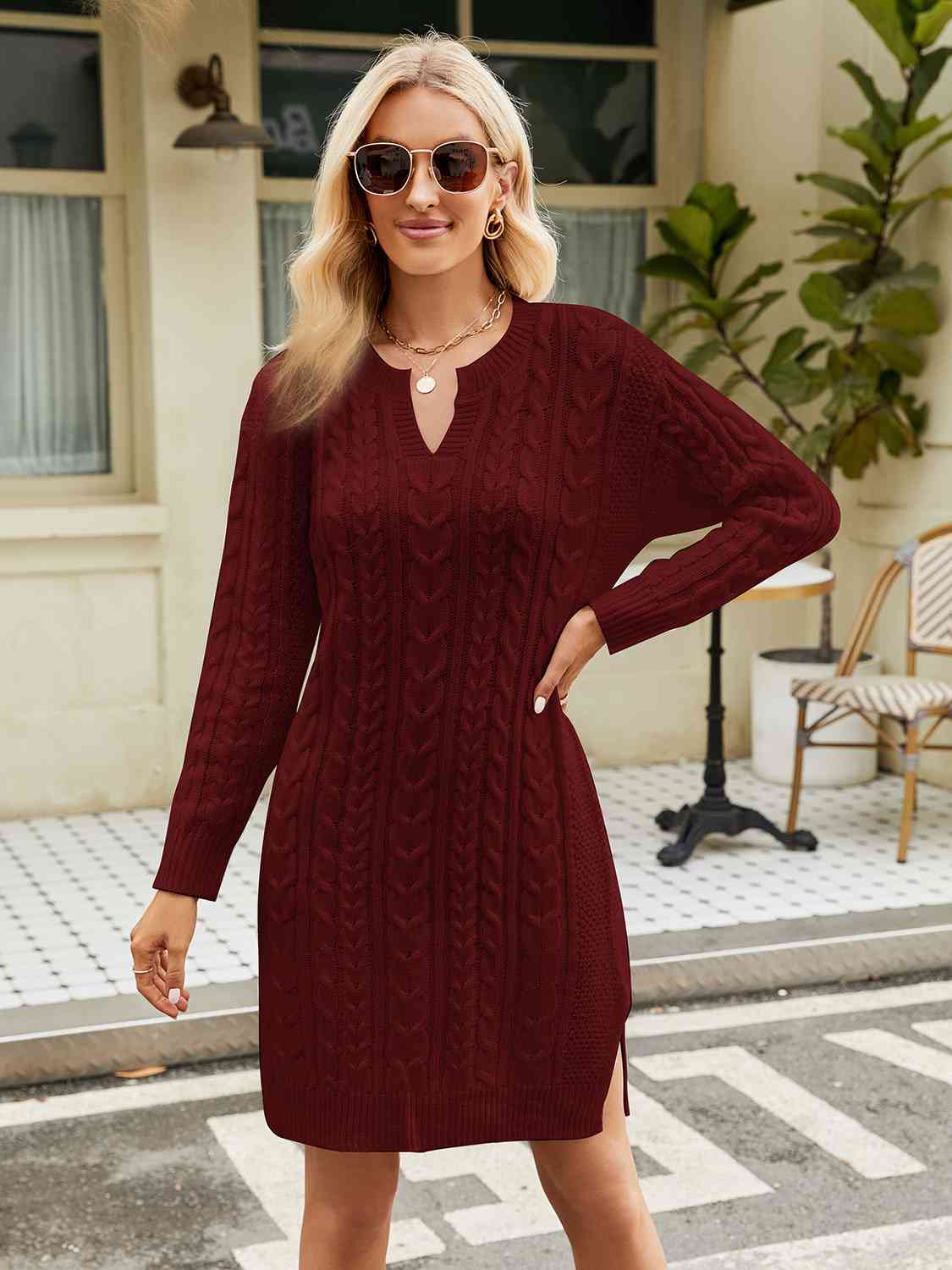 CozyWonders Full Size Notched Neck Cable-Knit Slit Sweater Dress