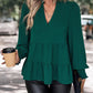 Green Notched Neck Lantern Sleeve Blouse