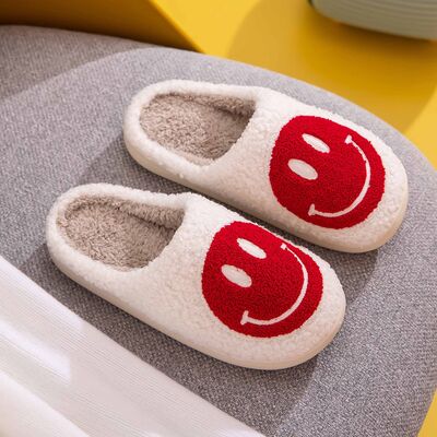 Melody Smiley Face White Red Cozy Slippers