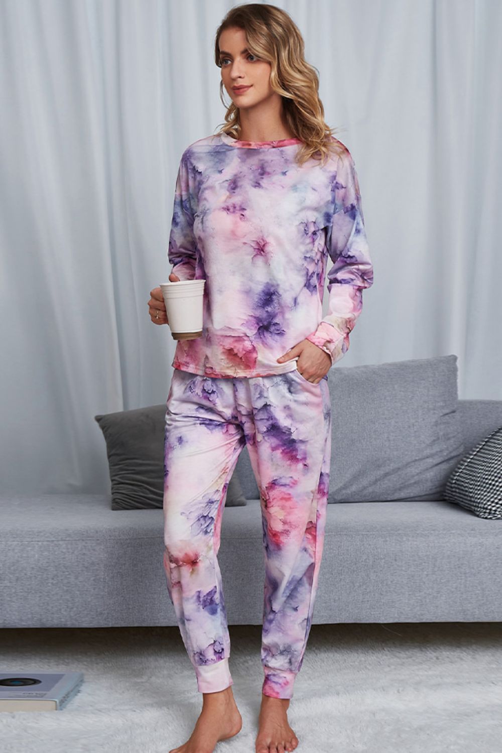 Women's Tie-Dye Crewneck Top and Drawstring Waist Joggers Lounge Set