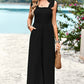 Women's Frill Trim Tie Shoulder Wide Leg Jumpsuit with Pockets