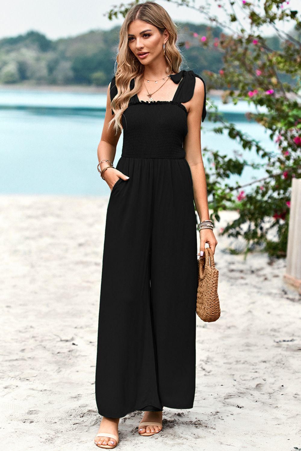 Women's Frill Trim Tie Shoulder Wide Leg Jumpsuit with Pockets