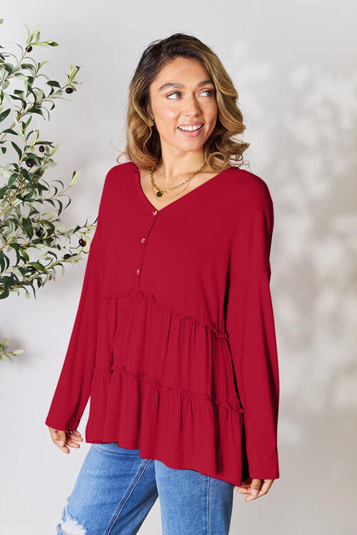 Double Take Half Button Long Sleeve Ruffle Hem Blouse *