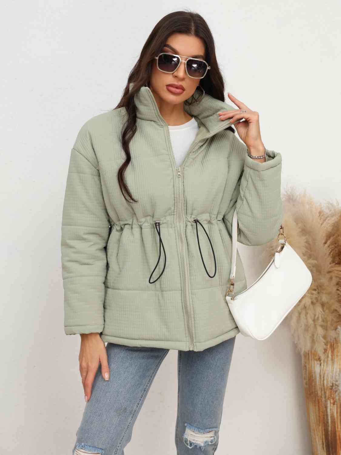 Full Size Drawstring Waist Zip-Up Puffer Jacket