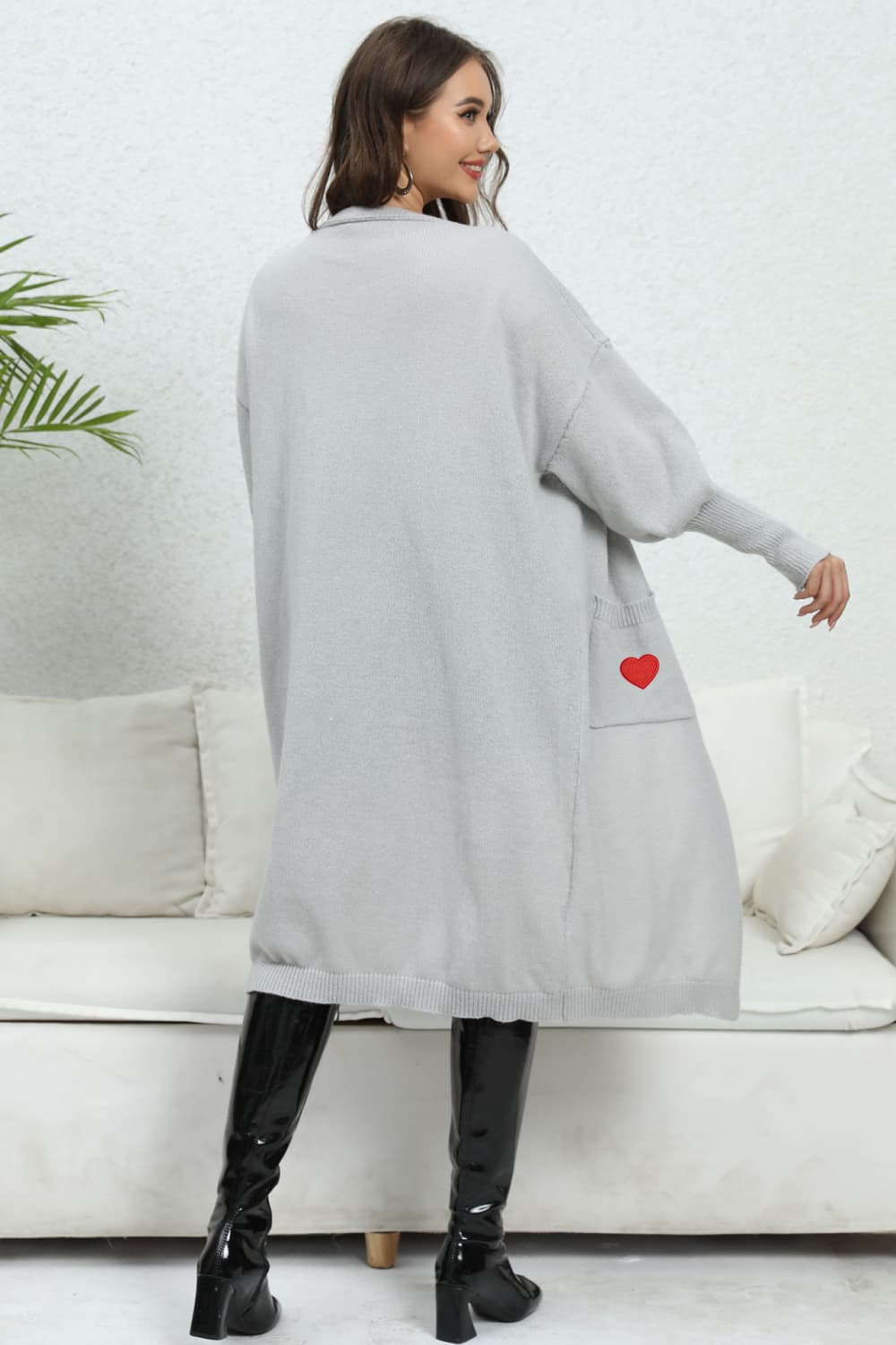 Lantern Sleeve Open Front Pocketed Cardigan