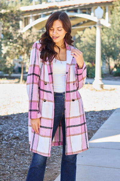 Double Take Full Size Plaid Button Up Lapel Collar Coat *