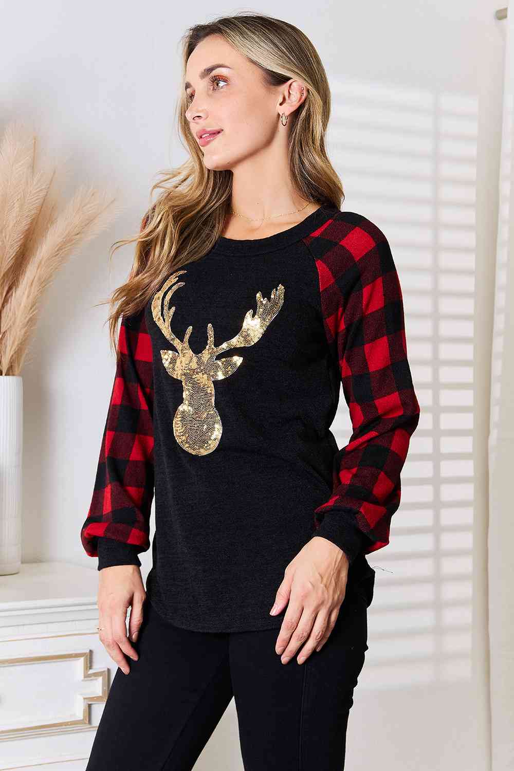 Heimish Full Size Sequin Christmas Reindeer Graphic Plaid Top