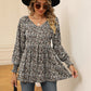 Full Size Printed V-Neck Lantern Sleeve Blouse