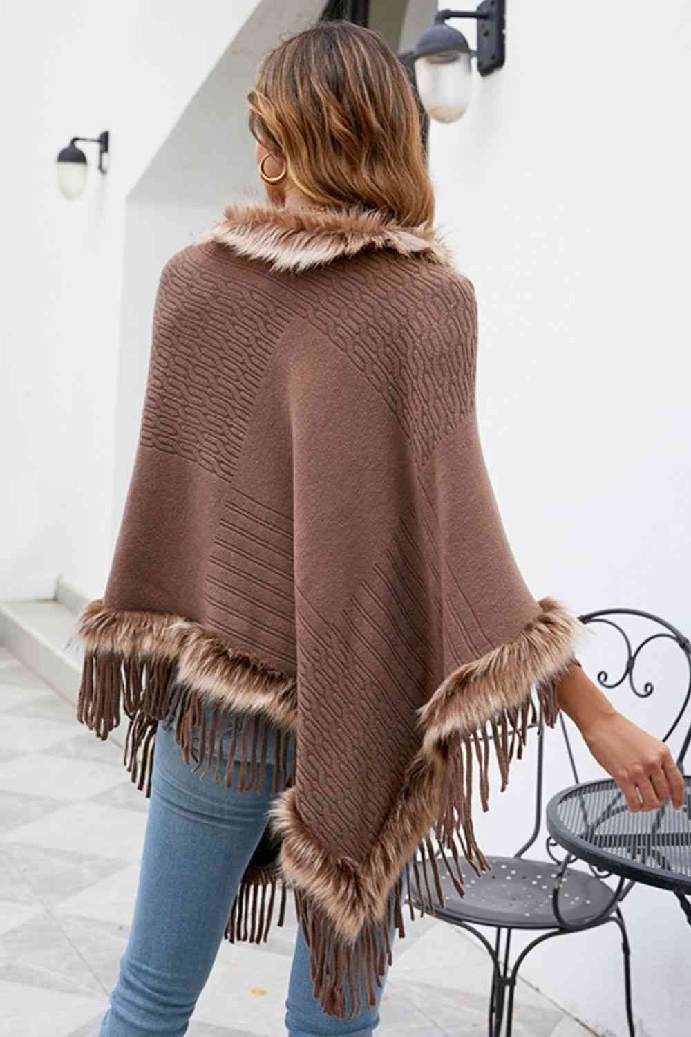 Country Rustic One Size Faux Fur Trim Fringed Poncho