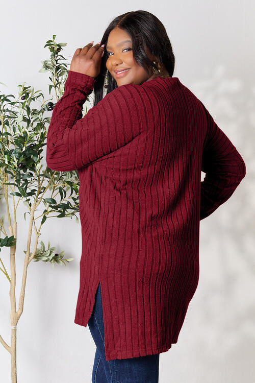 Basic Bae Full Size Ribbed Round Neck Long Sleeve Slit Top *