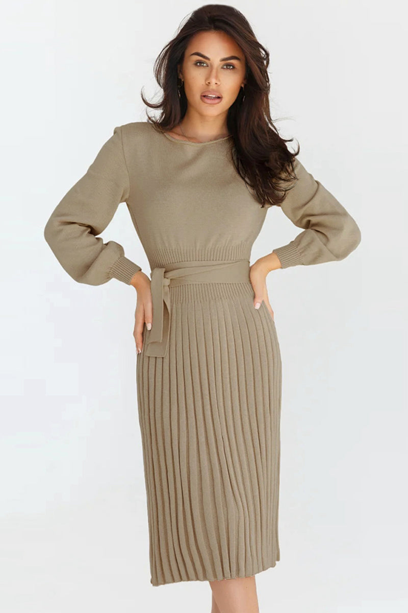 Full Size Round Neck Long Sleeve Pleated Sweater Dress