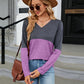 Full Size V-Neck Long Sleeve Two-Tone T-Shirt